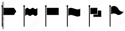 A set of black flag icons of various shapes on flagpoles, including rectangular, wavy, and complex geometric versions. Minimalist vector elements for marking map points or important events.