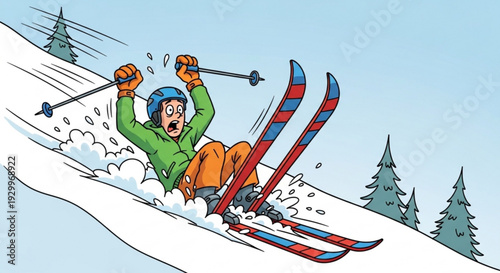 Man falling down ski slope with skis and poles in hand wearing green jacket and blue helmet on snowy mountain with trees