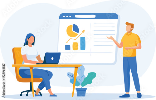 Vector illustration of business people working with laptop and presentation
