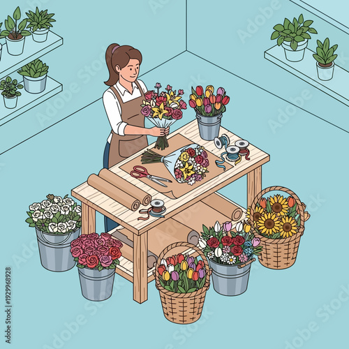Woman arranging flowers in a floral shop.