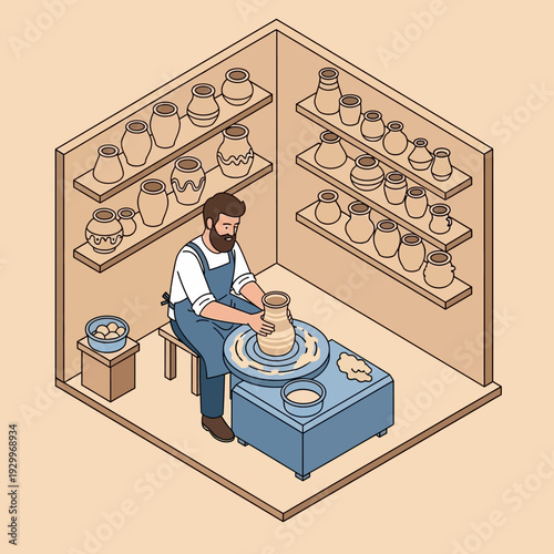 Potter crafting ceramics on a spinning wheel in a workshop.