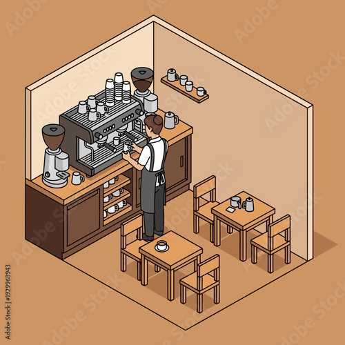 Isometric illustration of a barista working in a modern coffee shop with wooden tables and chairs.