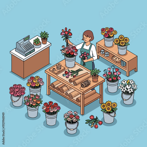 Woman arranging flowers in a florist shop with various potted plants.