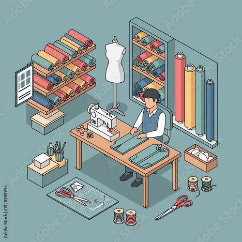 Tailor working on sewing machine in a well-organized workshop with fabric and threads.
