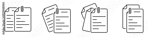 A set of linear icons of document stacks fastened with a paperclip. Minimalist vector illustration symbolizing office work, documentation management, and file organization.