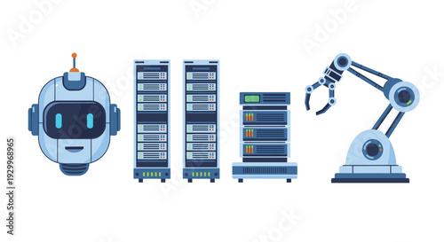 A collection of technology icons featuring a robot head and server racks alongside a robotic mechanical arm on a white background.
