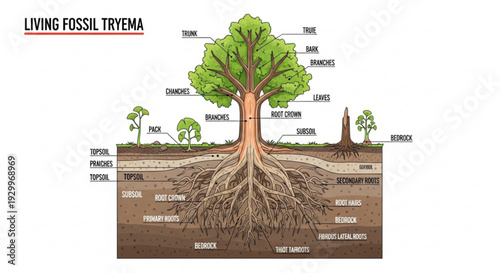 Detailed illustration of a tree's anatomy labeled parts from roots to leafy canopy educational diagram for botany and environmental studies
