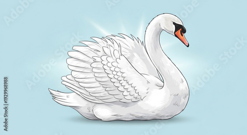 Majestic white swan with orange beak and black markings on light blue background