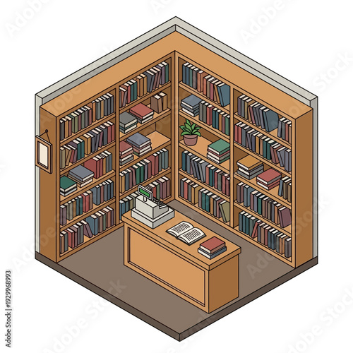 Isometric illustration of a library corner with bookshelves and a desk.