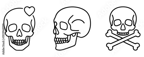 A set of linear human skull icons, featuring a skull with a heart, a profile view, and a danger symbol with crossbones. Minimalist vector illustration for medical, tattoo, or warning sign themes.