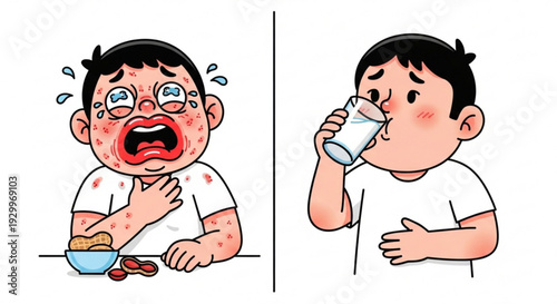 Boy experiencing food allergy symptoms then relief after medication