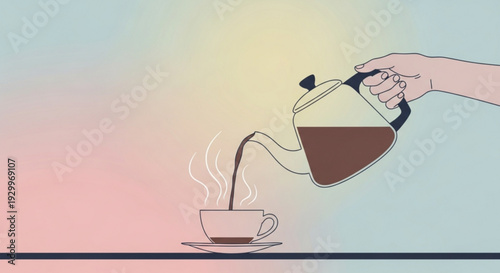 Hand pouring coffee from pot into cup on saucer with steam rising