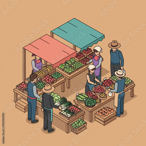 Vibrant farmers market scene with colorful produce and shoppers.