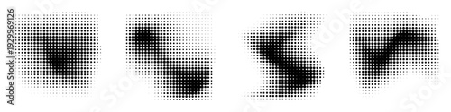 A set of abstract halftone graphic elements with irregular distorted shapes and varying dot densities. Vector illustration for creating dynamic shadows, artistic spots, and retro effects