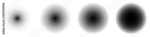 Set of circular graphic elements with halftone dot effect of varying saturation. Vector illustration for creating soft shadows and retro textures.