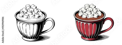Side-by-side illustration of contrasting mugs filled with marshmallows on a plain tabletop, viewed from a frontal perspective