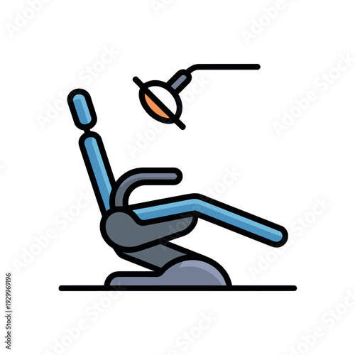 A modern dental chair in a clean and well-equipped dentist's office with a bright lamp