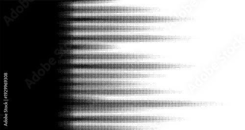 Horizontal gradient transition with a halftone effect, designed as irregular lines or streaks. Vector illustration creating a dynamic spray or high-speed motion effect.