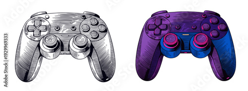 Side-by-side showcase of contrasting gaming controllers highlighting design details and vibrant color schemes from a close-up viewpoint