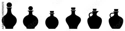 A set of black silhouettes of vintage bottles and jugs of various shapes with stoppers. Vector illustration.