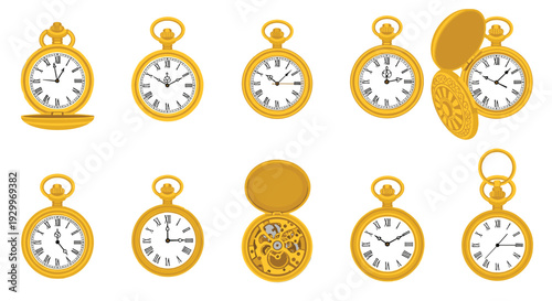 A collection of ten gold pocket watches with Roman numeral faces and intricate internal gear mechanisms is shown in different orientations on white.