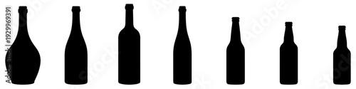 A set of black bottle silhouettes of various shapes, including wine, beer, and cognac options. Minimalist vector elements for packaging design or menus.