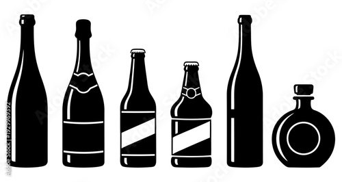A set of black silhouettes of alcoholic beverage bottles with white label and outline elements. Bottles for wine, champagne, beer, and spirits are shown.