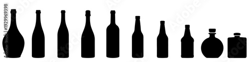 A large set of black bottle silhouettes of various shapes, including containers for wine, beer, champagne, and spirits. Minimalist vector elements for bar menus or commercial design.