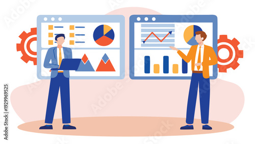 Set of 2 businessmen analyzing data charts vector