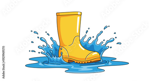 A bright yellow rubber rain boot creates a large blue water splash as it steps into a puddle against a plain white background.