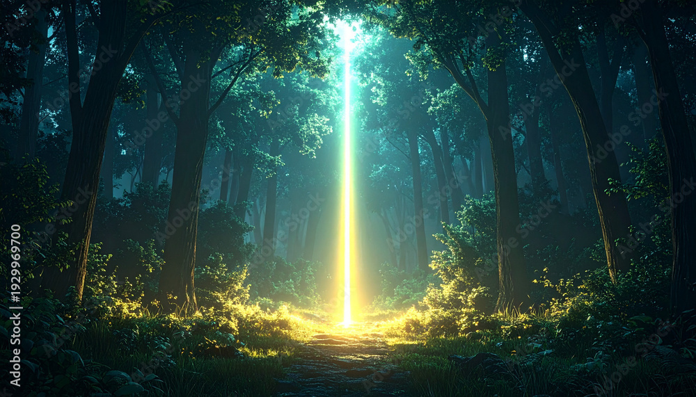 Fototapeta premium 霧に包まれた森の中心へ一直線に伸びる蛍光の光の柱（3DCG）