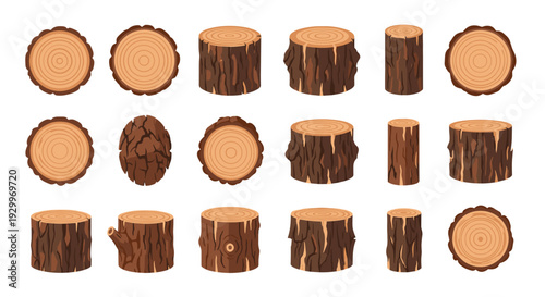 Eighteen wood logs and tree stumps showing growth rings and bark textures are arranged in rows on a white background.