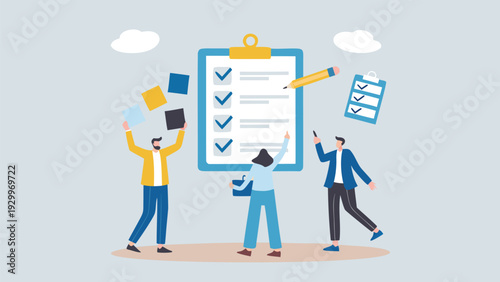 Vector illustration of people working with checklist