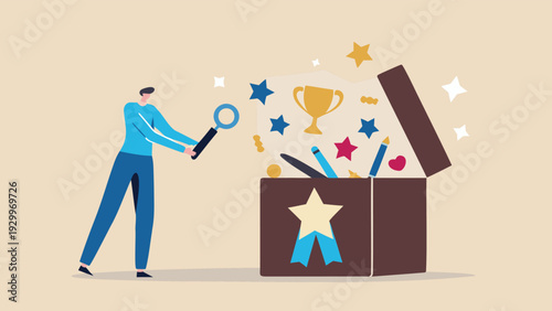 Vector illustration of a person discovering awards and stars in a box