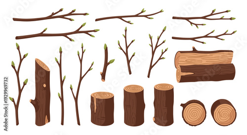 Multiple brown tree branches with green buds are shown with various cut logs and wood stumps on a white background.