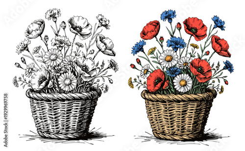 Schilderij op canvas Contrast of Two Wicker Baskets Filled with Colorful and Monochrome Bouquets and