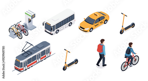 Isometric urban transportation vehicles including a bus taxi tram and cyclists are shown on a plain white background.