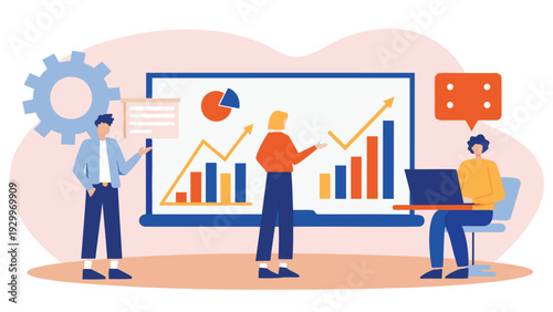 Vector illustration of 3 people analyzing business data on a large screen