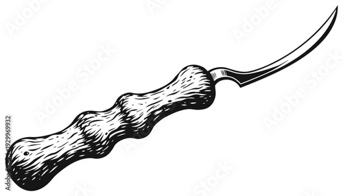 Vintage kitchen knife with wooden handle and curved blade, isolated illustration