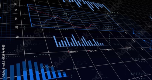 Opening angled view, camera panning while bars, pies, donut and lines animating, showing trend