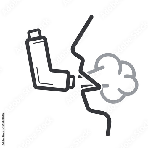 Isolated outline illustration of person using inhaler device with vapor cloud near mouth symbolizing asthma treatment respiratory therapy breathing problem medical healthcare support