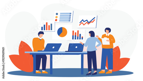 Vector illustration of 3 people working with laptops and graphs