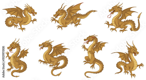 Seven golden brown dragon illustrations with large wings and sharp claws appear in various poses on a white background.