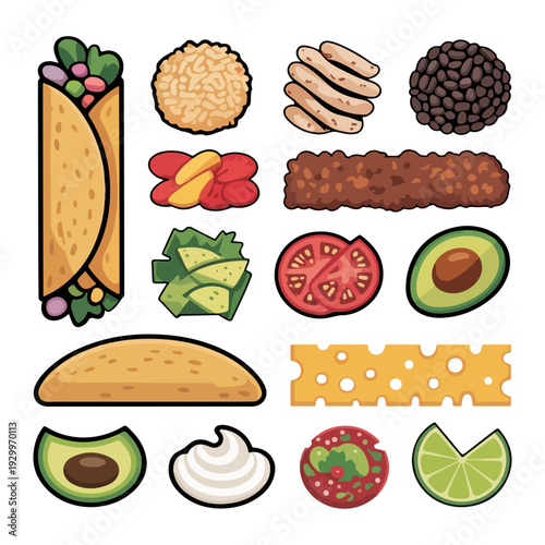 Burrito Ingredients Vector Illustration Set of Beef Wraps Tortilla and Toppings