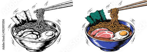 A bowl of steaming hot noodles being lifted by chopsticks from a close-up viewpoint