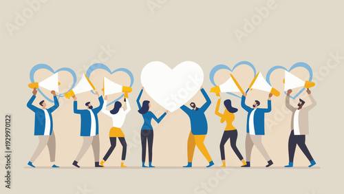 Set of 8 people holding megaphones and heart icons vector