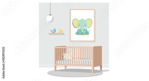 A minimalist nursery room interior contains a light wood crib and a framed green elephant poster on a grey wall.