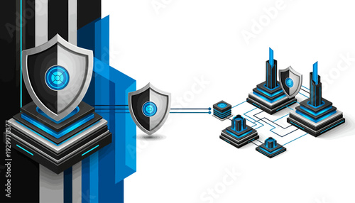 Digital security shield protection concept with interconnected servers and data.