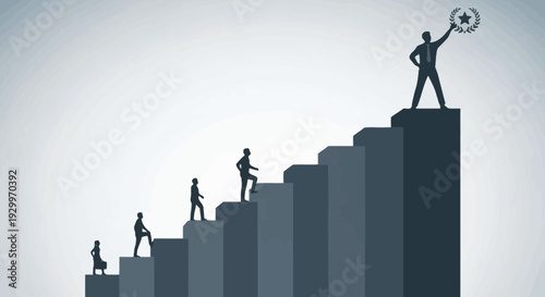 People climbing stairs towards success and leadership.