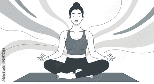 Woman Meditating in Lotus Pose with Serene Expression.